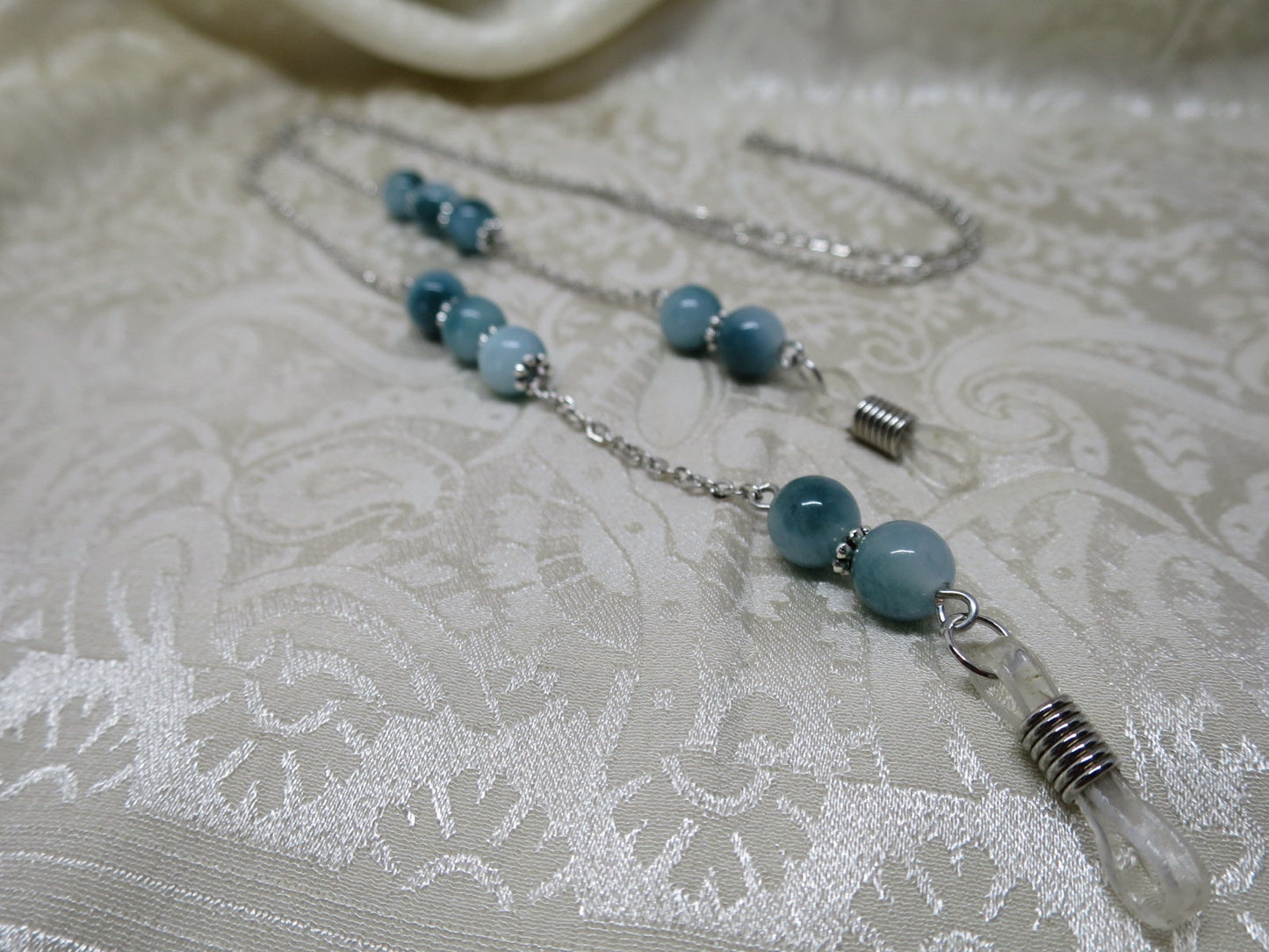 Eyeglass chain, teal agate beads on a silver chain