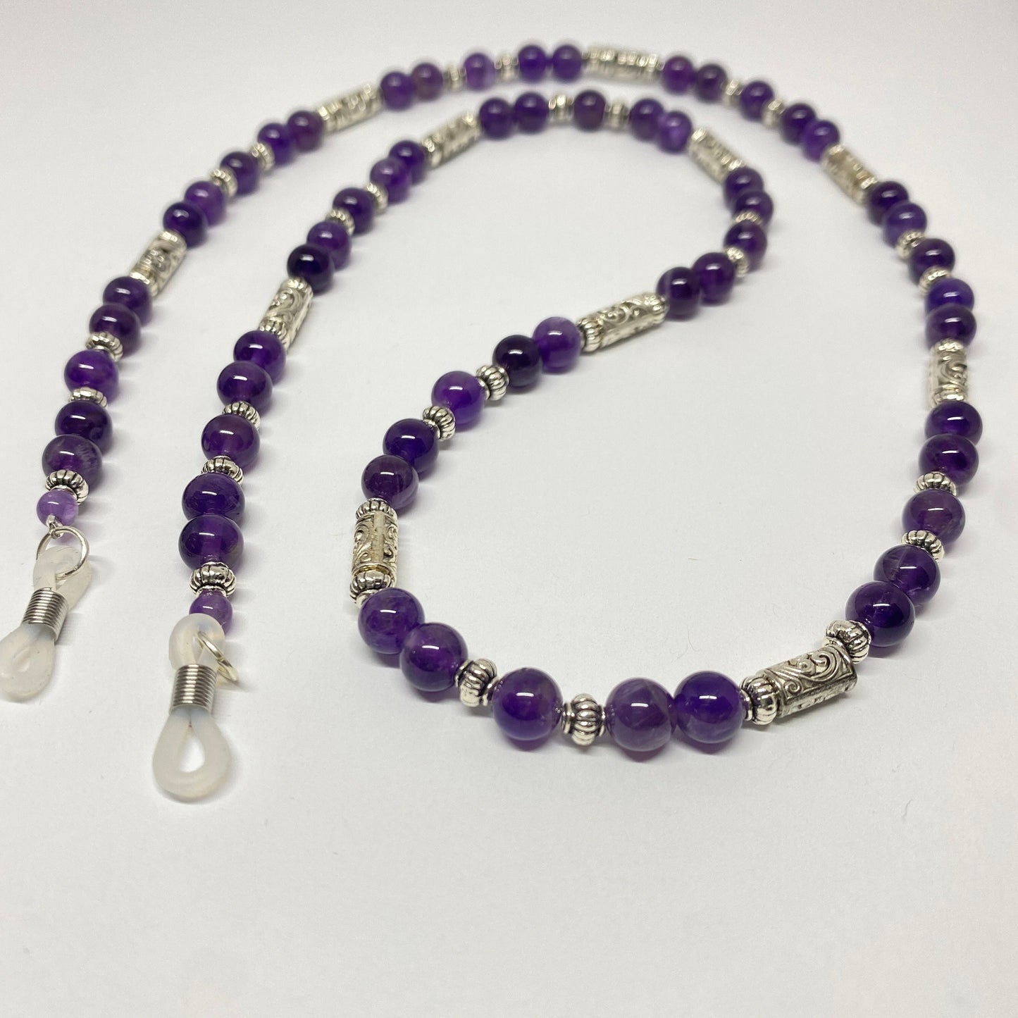 Amethyst eyeglass chain, with silver bead accents.