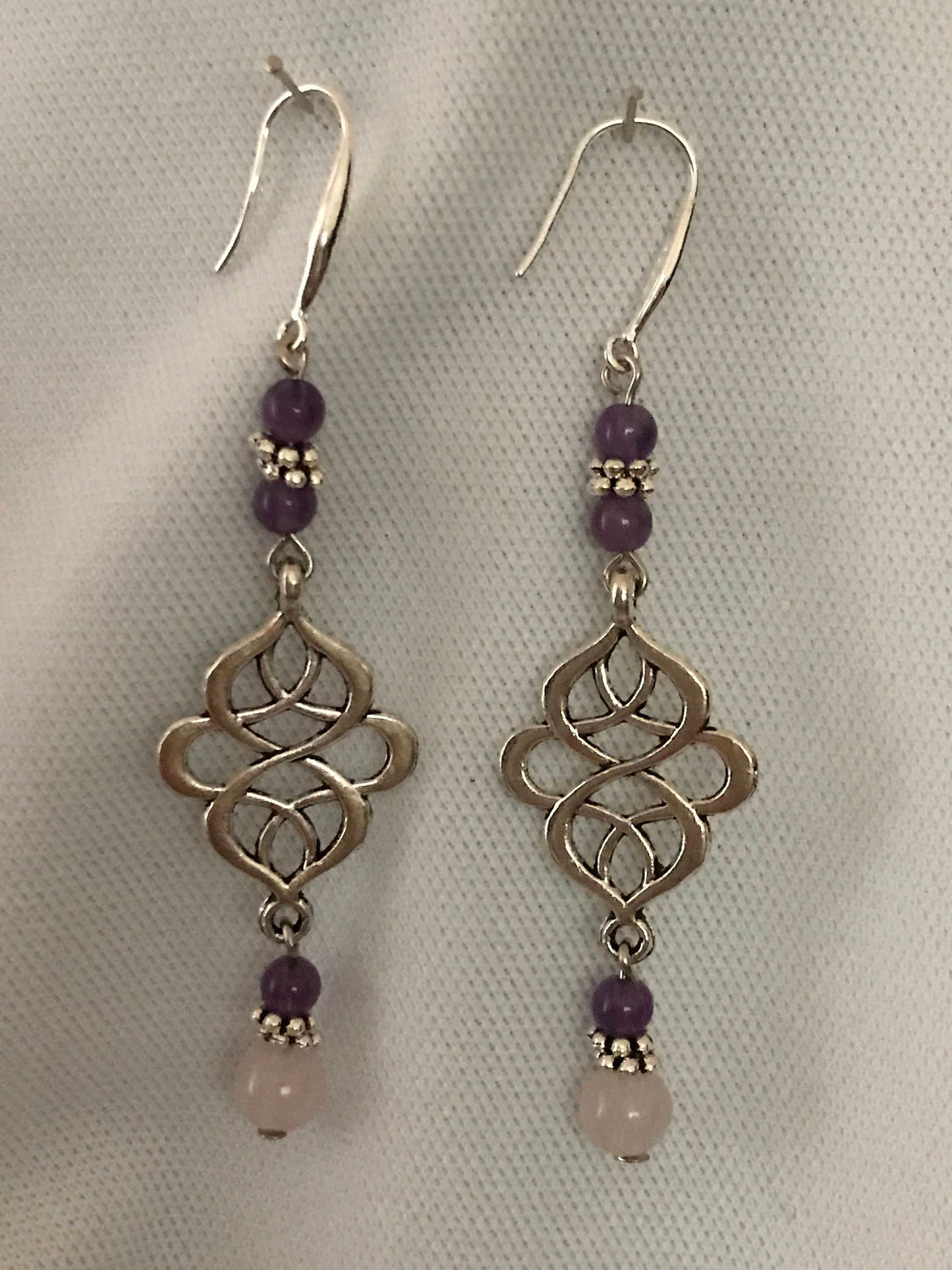 Amethyst and rose quartz drop earrings