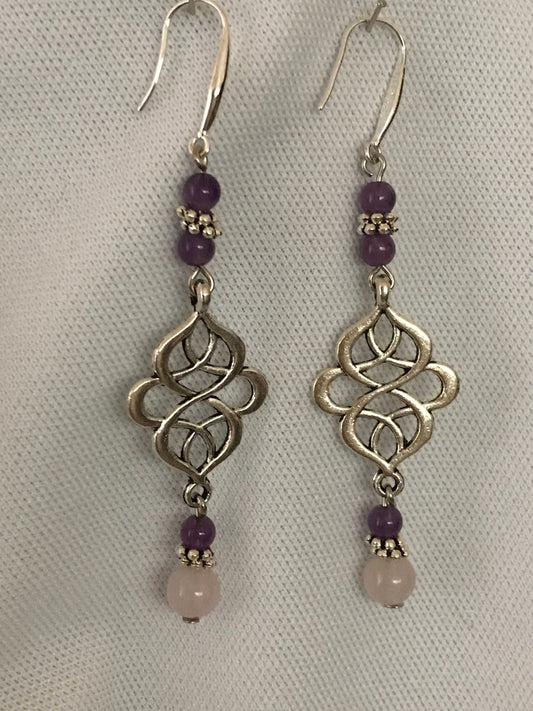 Amethyst and rose quartz drop earrings