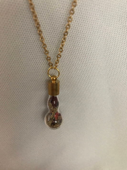 Love charm necklace, with a garnet chain.