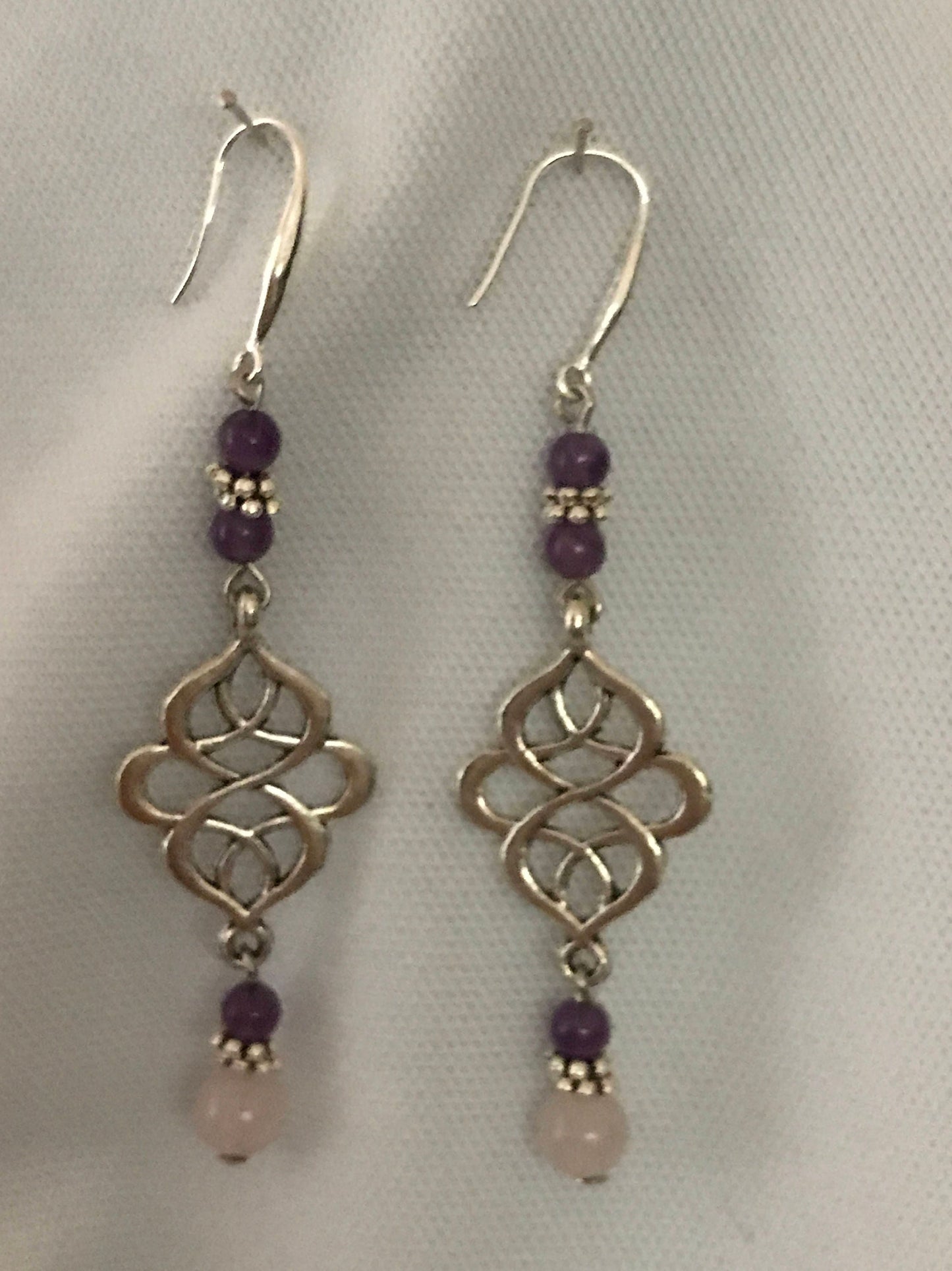 Amethyst and rose quartz drop earrings