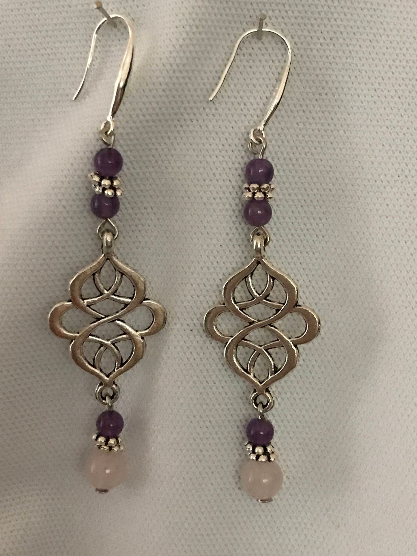 Amethyst and rose quartz drop earrings