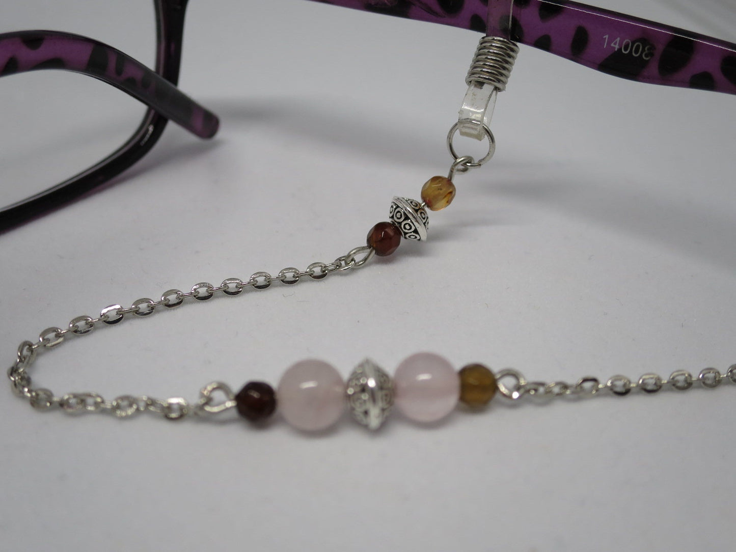 Rose quartz eyeglass chain for readers or sunglasses