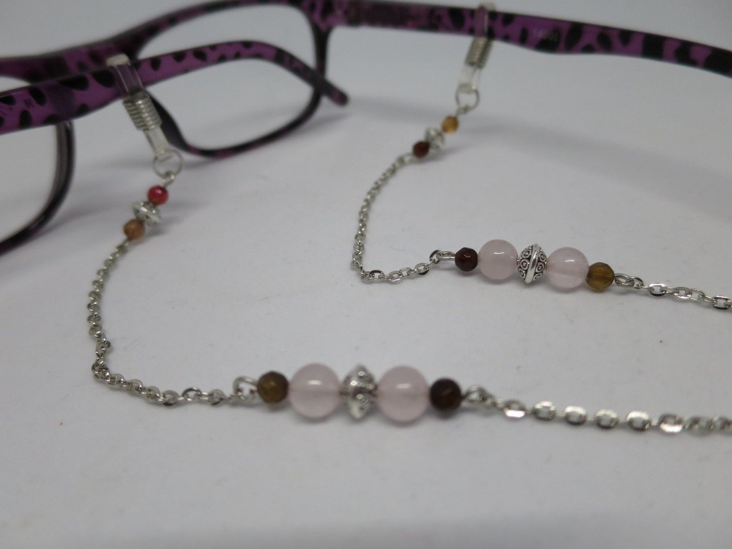 Rose quartz eyeglass chain for readers or sunglasses