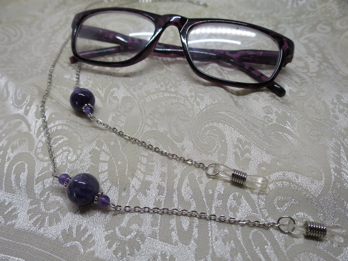 Amethyst and silver eyeglass chain