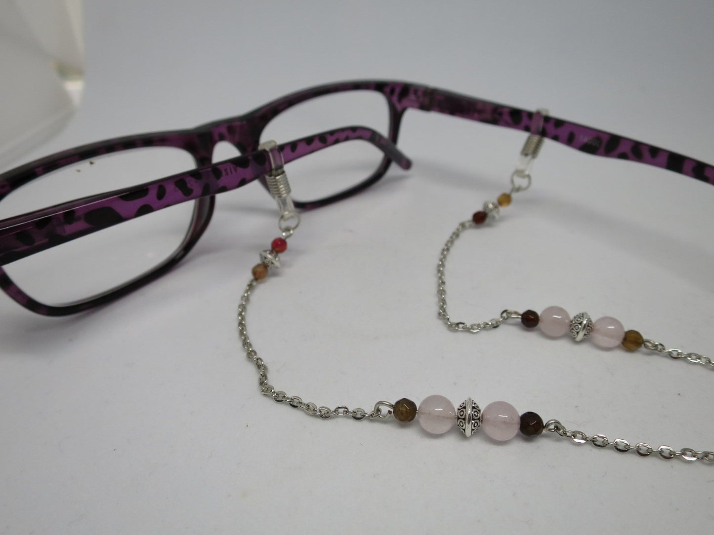 Rose quartz eyeglass chain for readers or sunglasses