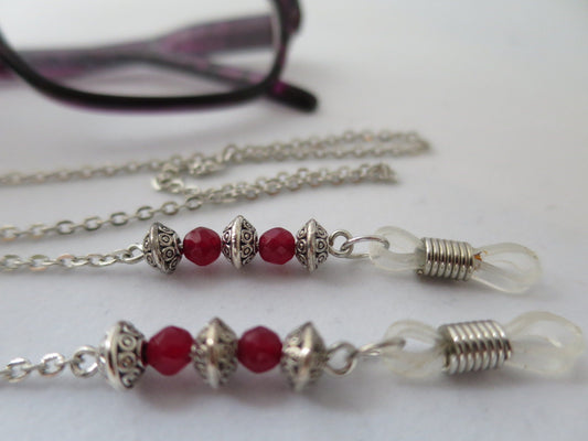 Red agate and silver eyeglass chain