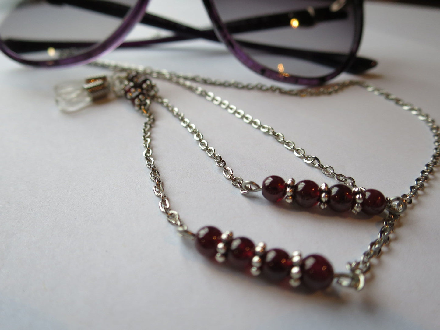 Garnet and silver eyeglass chain for readers or sunglasses