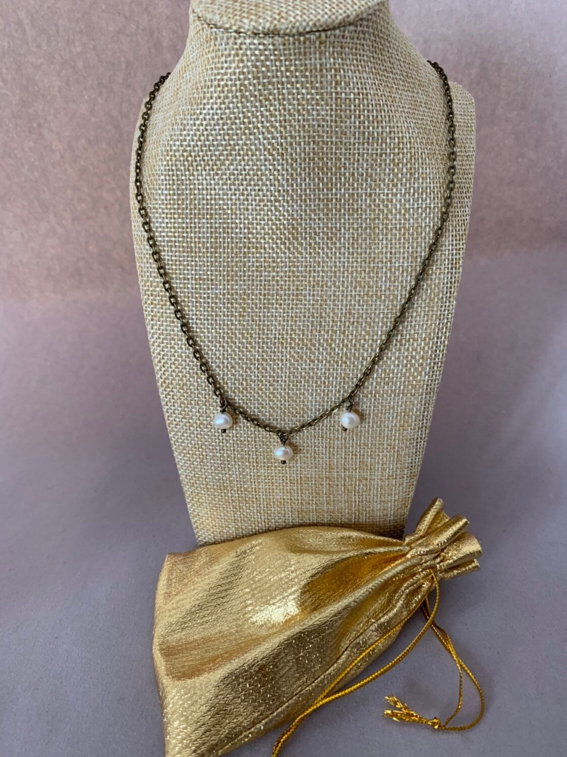 Antique bronze pearl chain necklace