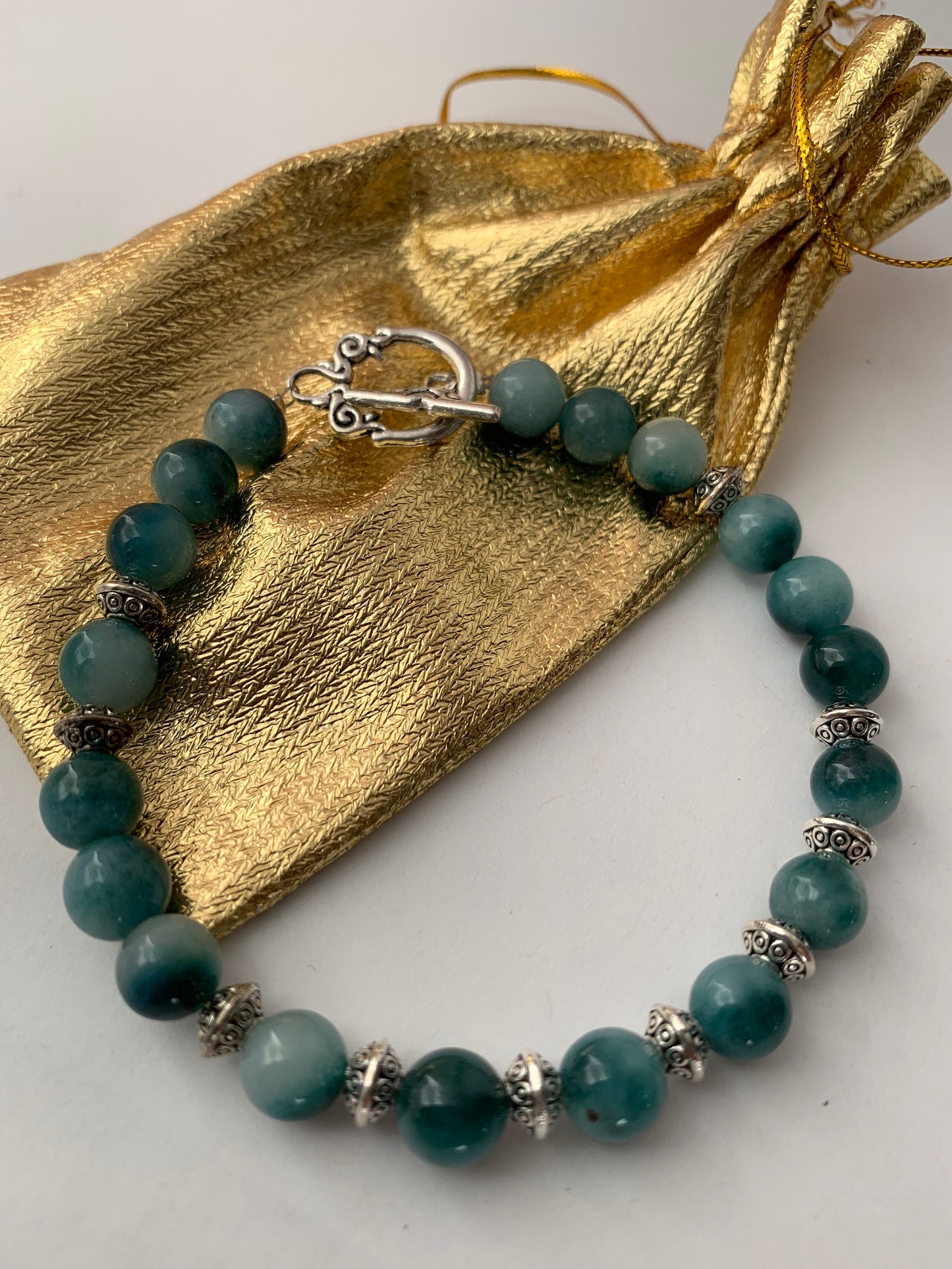 Teal jade and silver bracelet