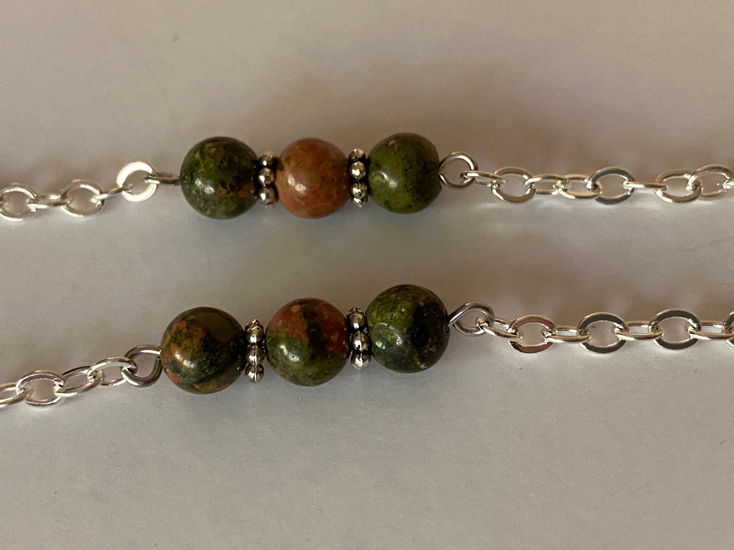 Eyeglass chain with jasper beads on a silver chain