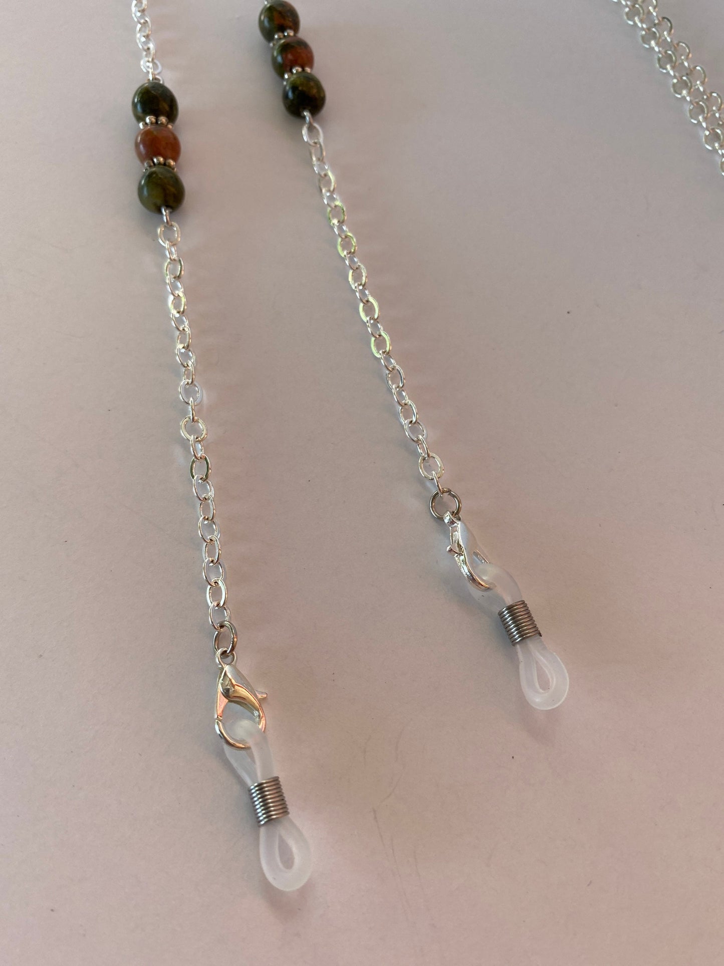 Eyeglass chain with jasper beads on a silver chain