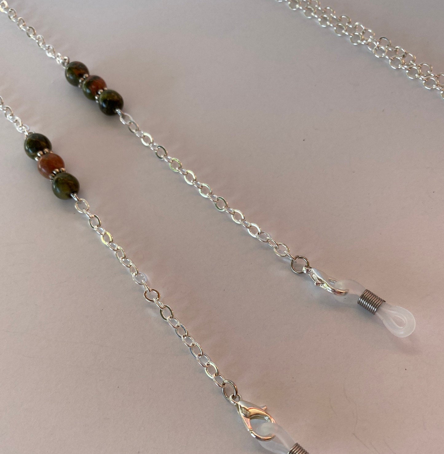 Eyeglass chain with jasper beads on a silver chain