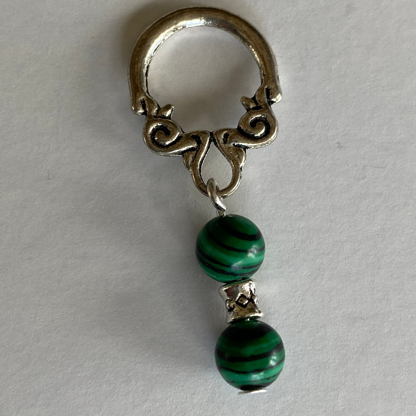 Malachite gemstone stitch markers with scroll loops