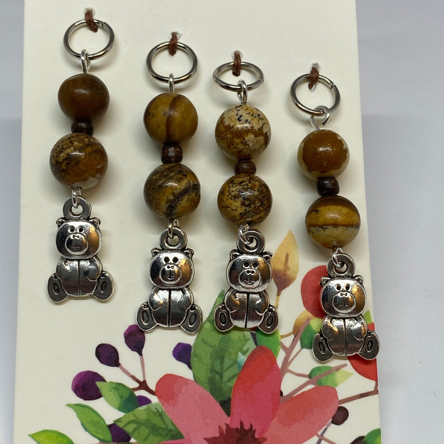 Teddy bear stitch markers for knitting, with jasper beads