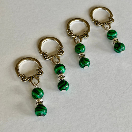 Malachite gemstone stitch markers with scroll loops