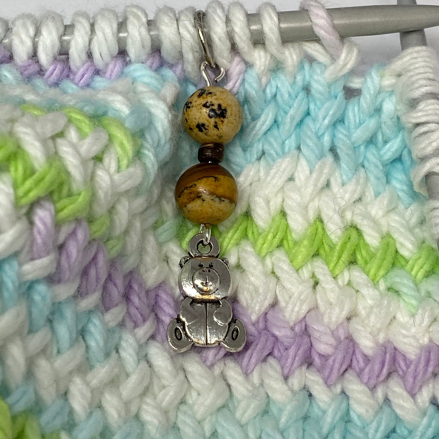 Teddy bear stitch markers for knitting, with jasper beads