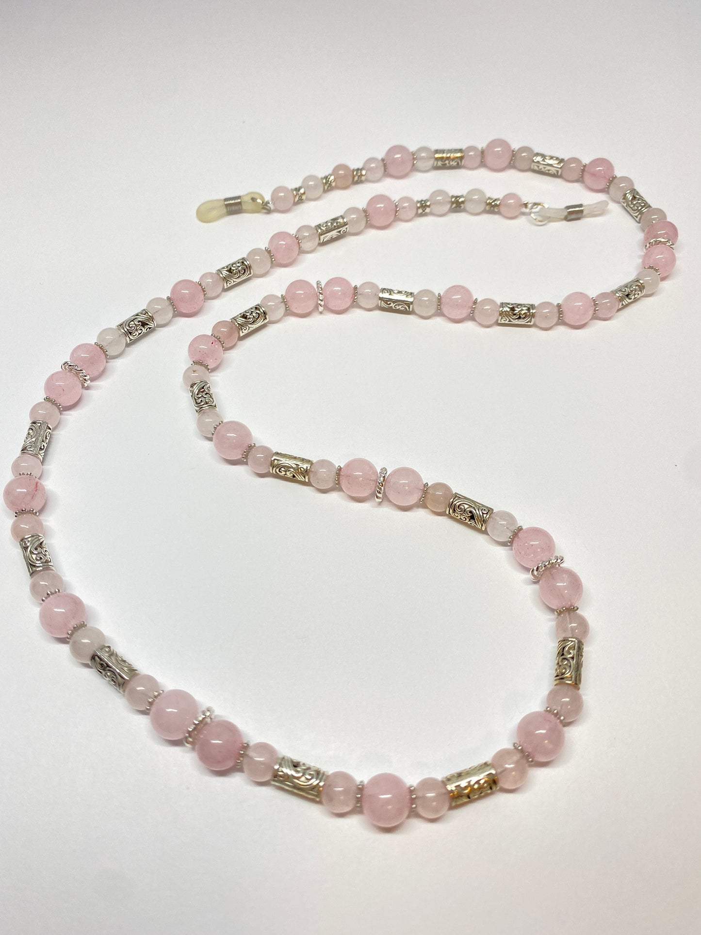 Rose quartz eyeglass chain with silver accents