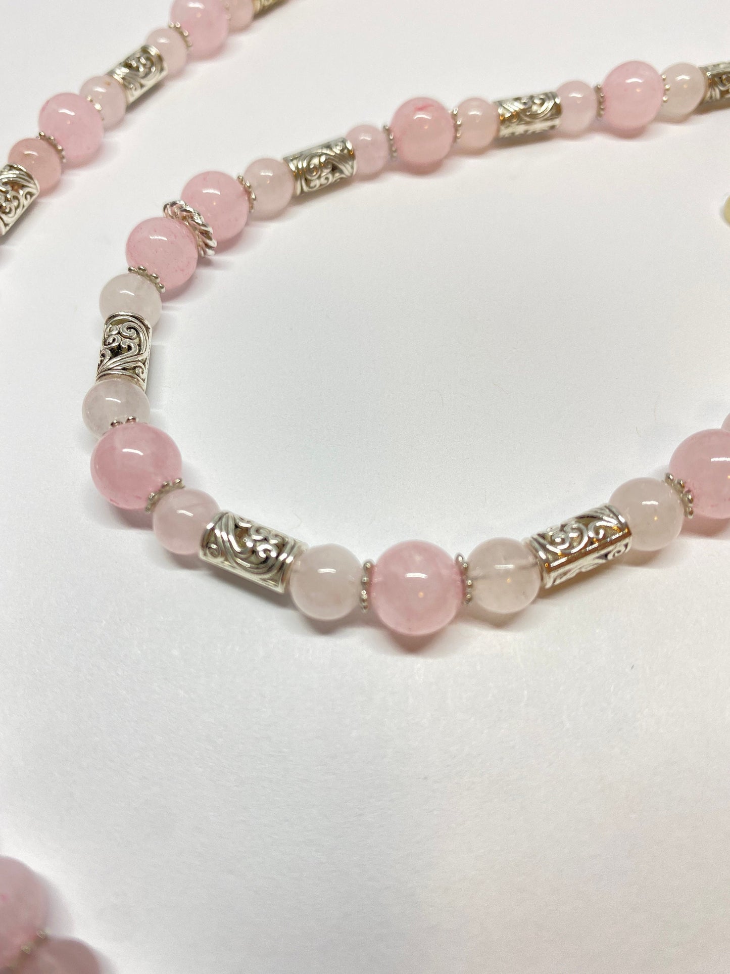 Rose quartz eyeglass chain with silver accents