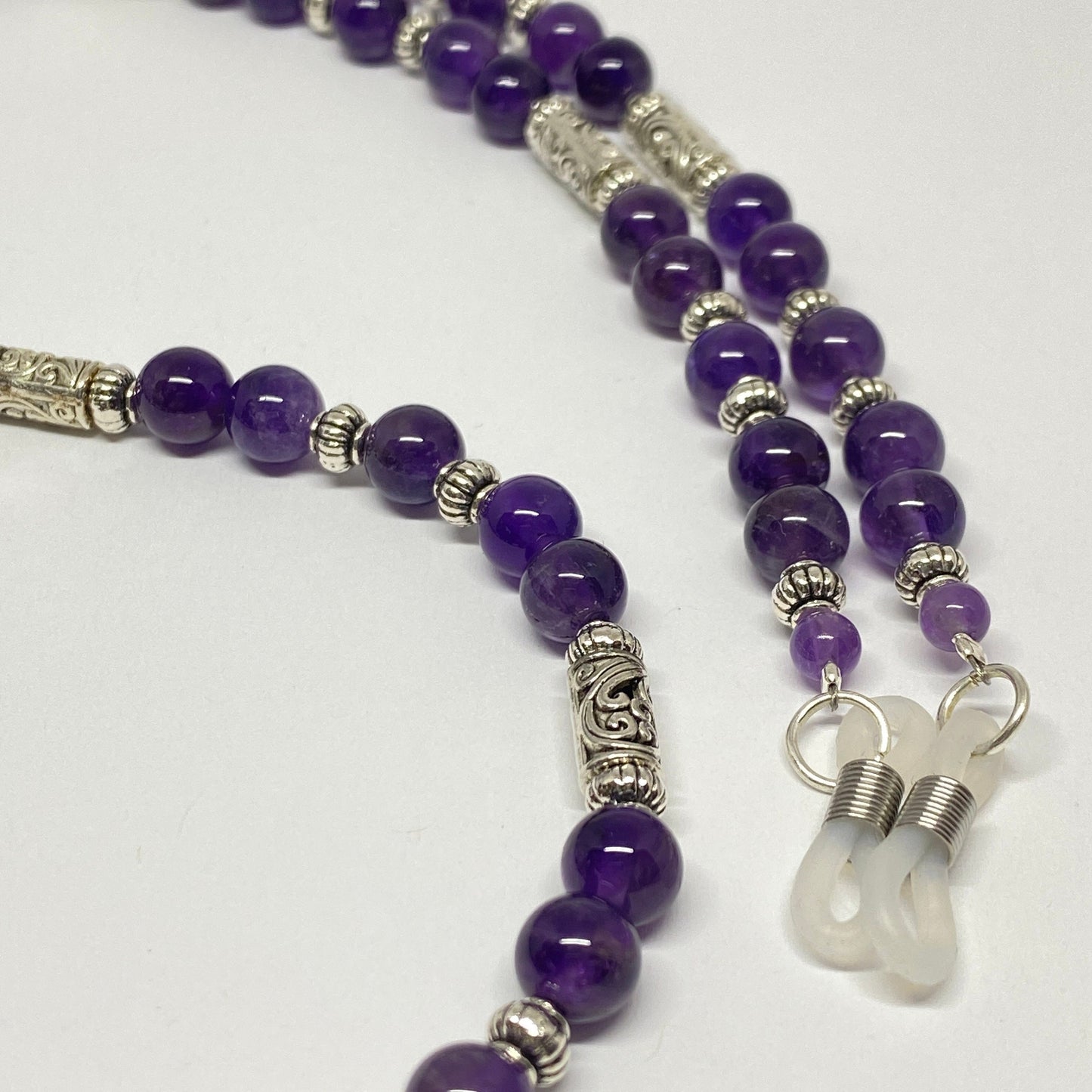 Amethyst eyeglass chain, with silver bead accents.