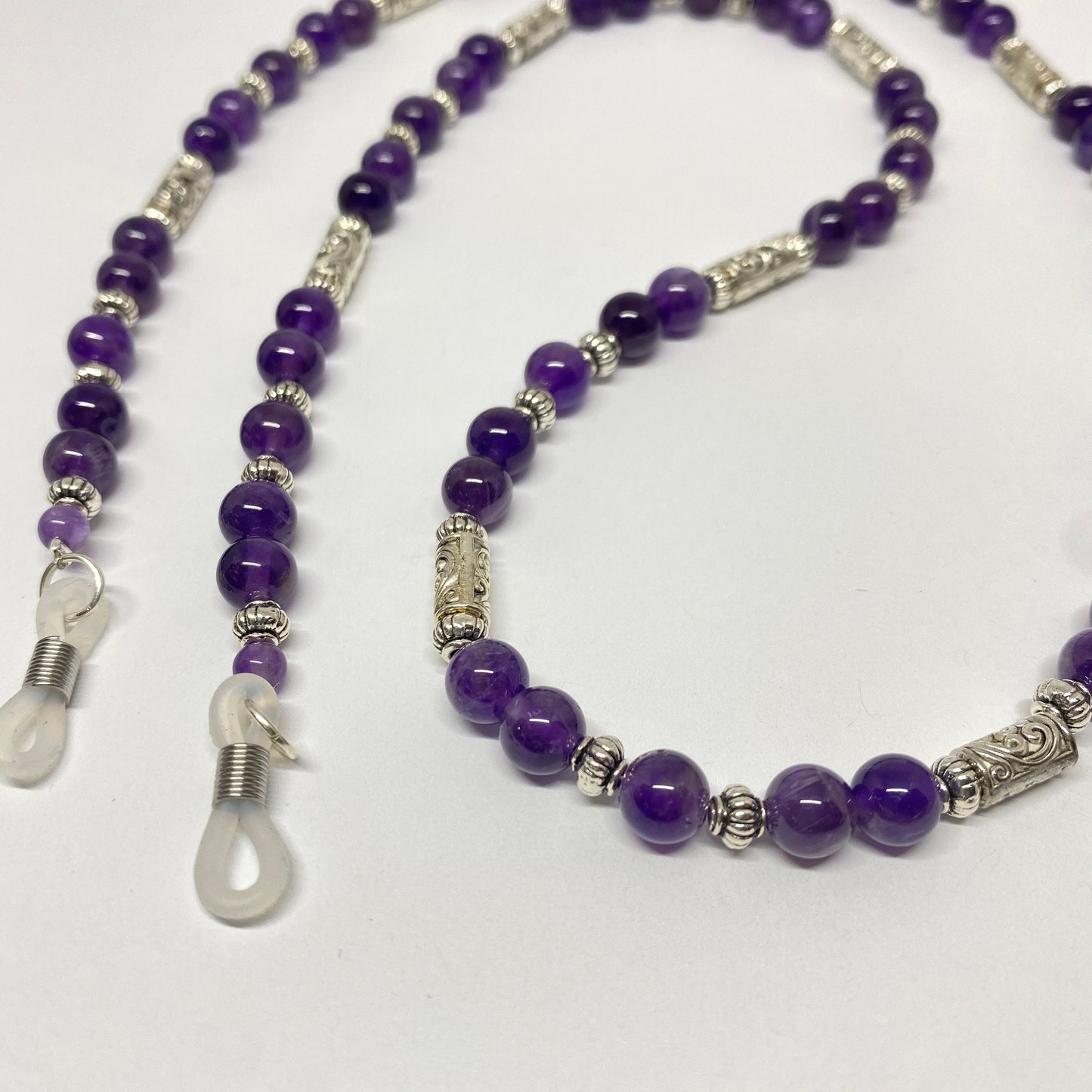 Amethyst eyeglass chain, with silver bead accents.