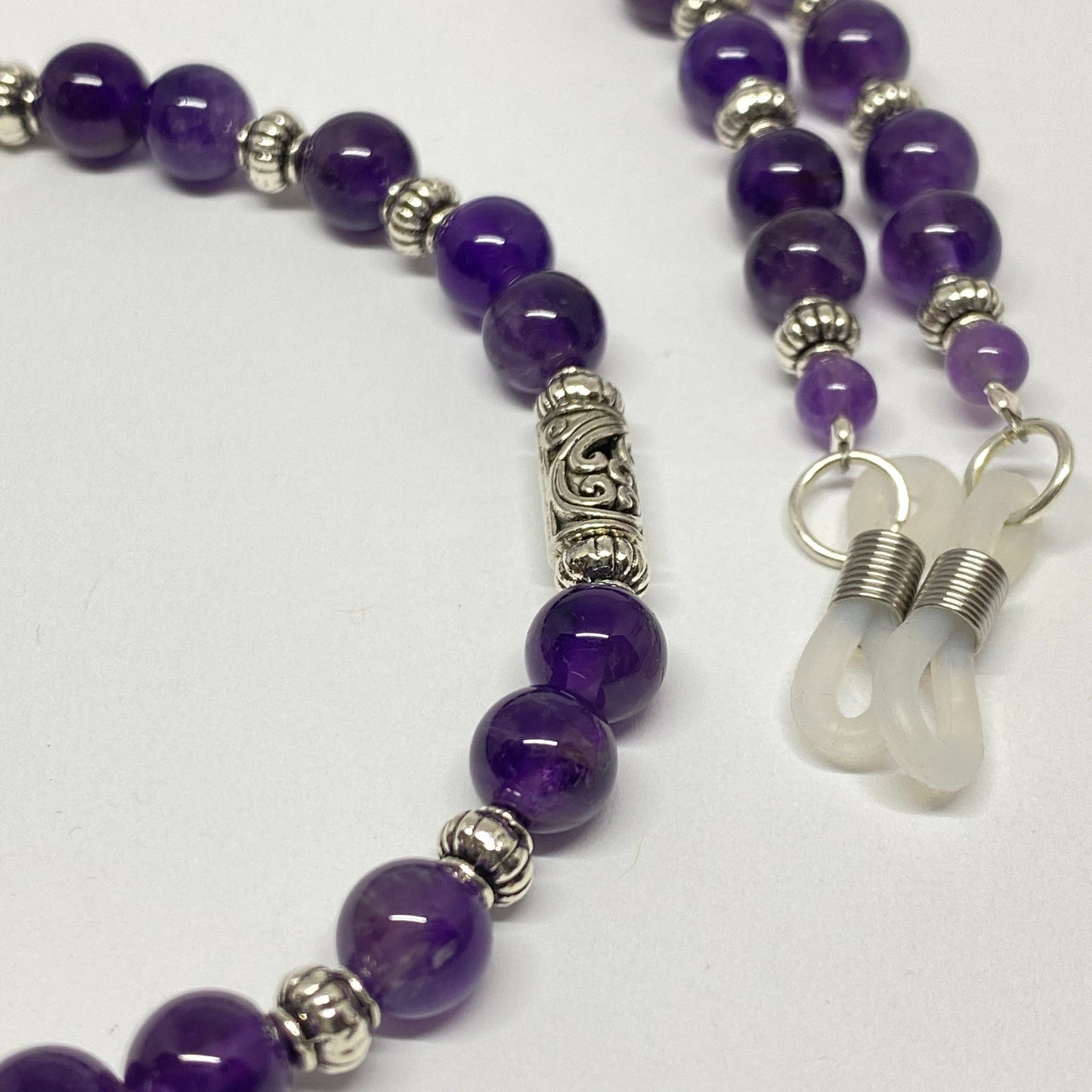 Amethyst eyeglass chain, with silver bead accents.