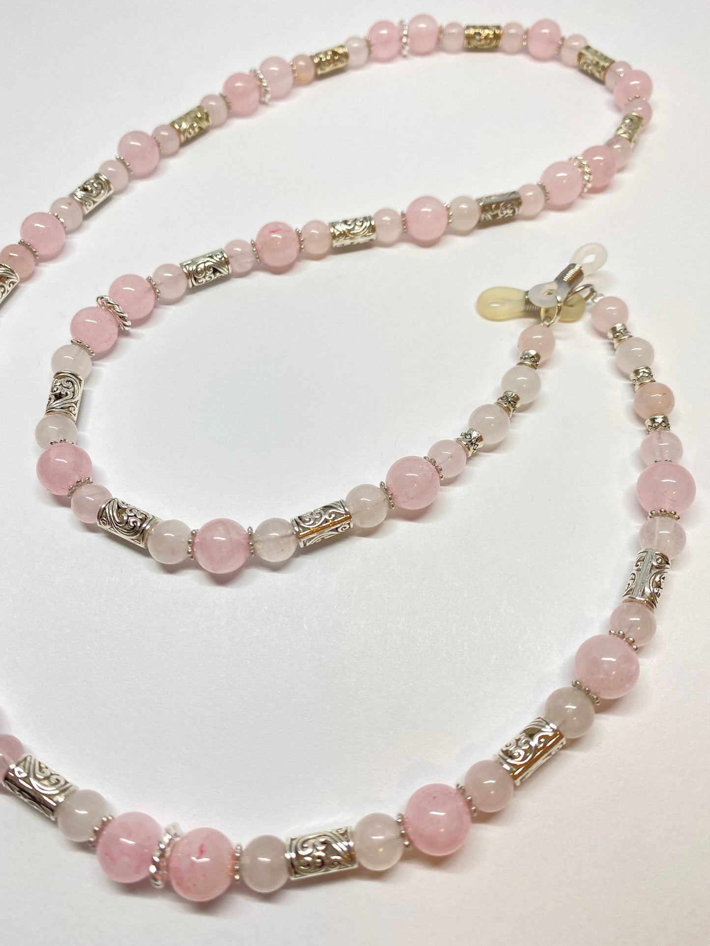 Rose quartz eyeglass chain with silver accents