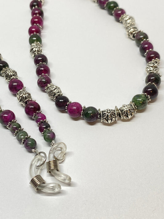 Tourmaline jade eyeglass chain, pink and green.