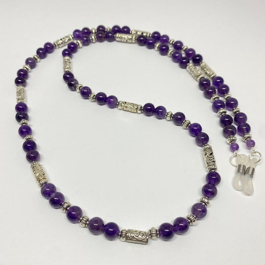 Amethyst eyeglass chain, with silver bead accents.